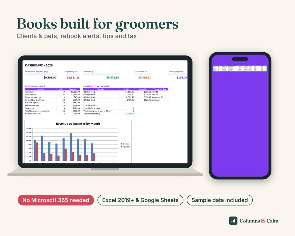 Dog Grooming Business Bookkeeping: Books built for groomers — spreadsheet shown on a laptop and a phone