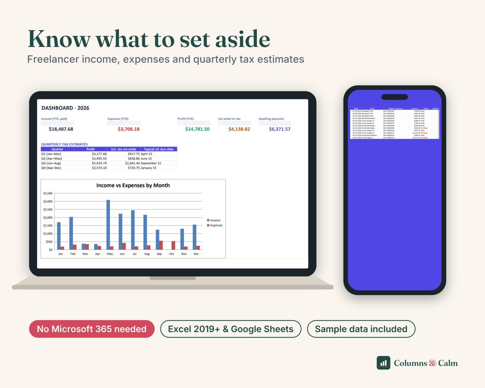 Freelancer Income & Tax Tracker: Know what to set aside — spreadsheet shown on a laptop and a phone