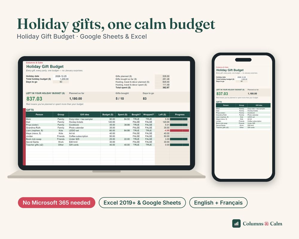 Holiday Gift Budget: Holiday gifts, one calm budget — spreadsheet shown on a laptop and a phone