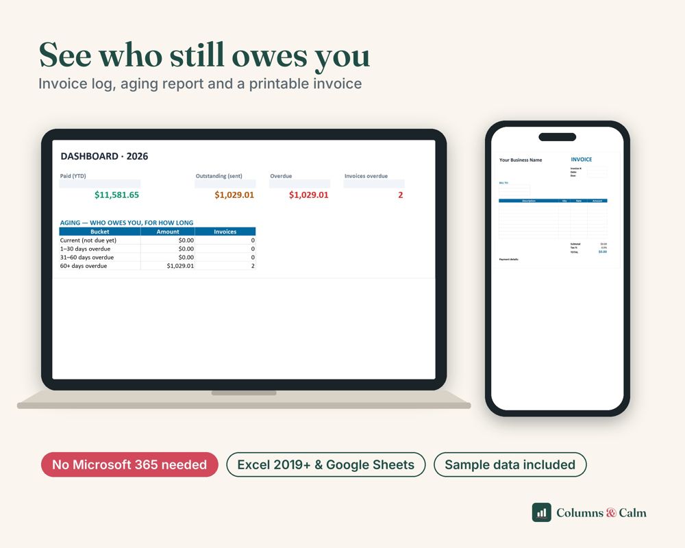 Invoice & Client Tracker: See who still owes you — spreadsheet shown on a laptop and a phone
