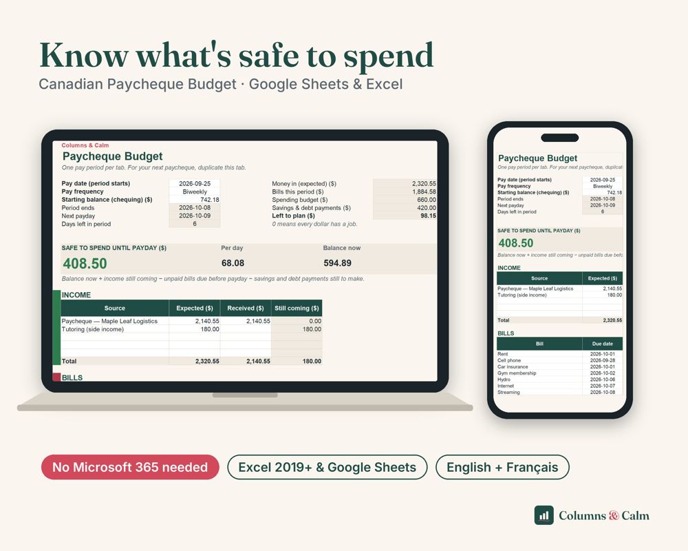 Canadian Paycheque Budget: Know what's safe to spend — spreadsheet shown on a laptop and a phone