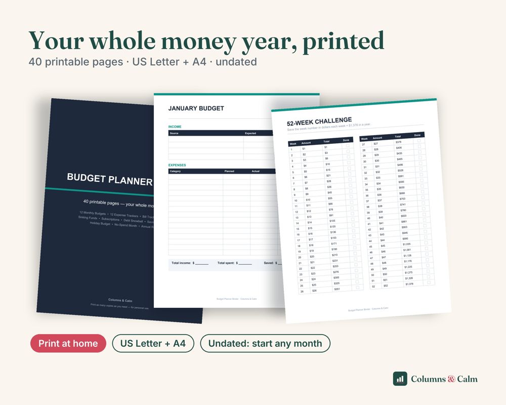 Budget Planner Binder: Your whole money year, printed — spreadsheet shown on a laptop and a phone